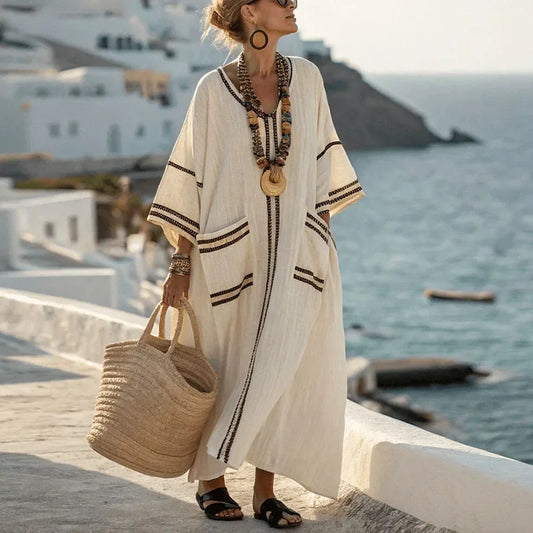 Summer For Women Elegant Bohemian Dress Fashion V -Neck Short Sleeves Long Dresses New Casual Vacation Pockets Loose Party Dress