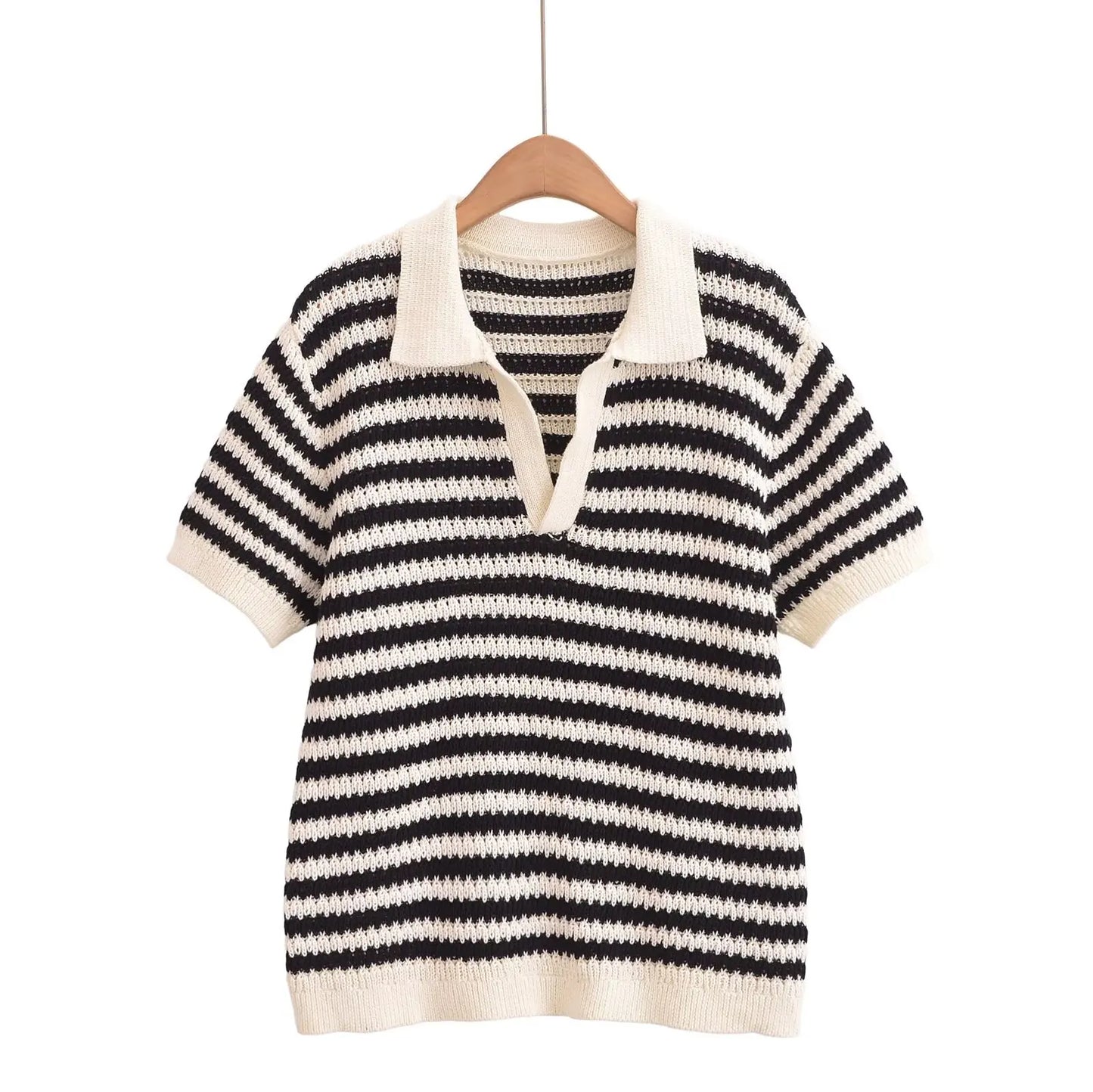 2025 Women’s Striped Knit Cotton T-Shirt Polo Collar Short Sleeve Casual Spring Summer Daily Street Weekend Wear