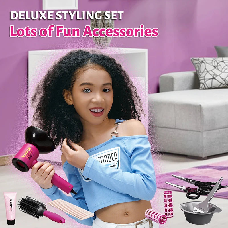 Hair Styling Play Set for Girls – Hair Clips, Mirror, Comb, Hairdryer, Hair Dye Tools – Role-Playing Kit for Ages 3+