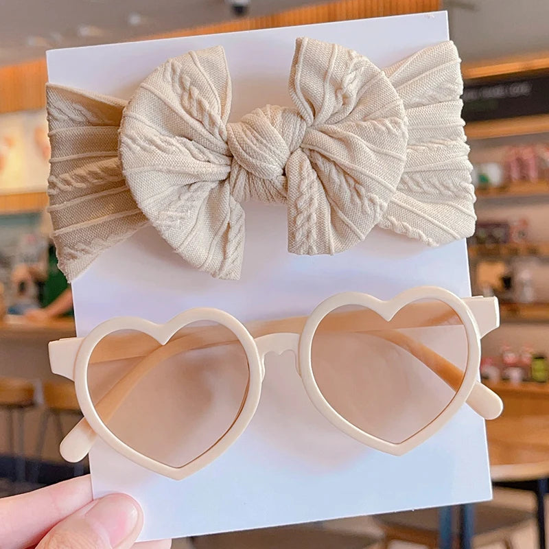 2 Pcs/Set New Children Cute Solid Bowknot Wide Hairbands Heart Sunglasses Hair Bands Baby Girls Headwear Kids Hair Accessories