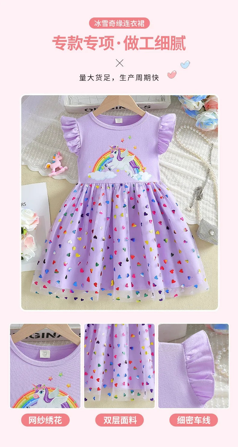 2025 New Unicorn Girls Dress Flying sleeves Kids Clothes Summer Princess Dresses Party Dresses for Children Clothing Rainbow