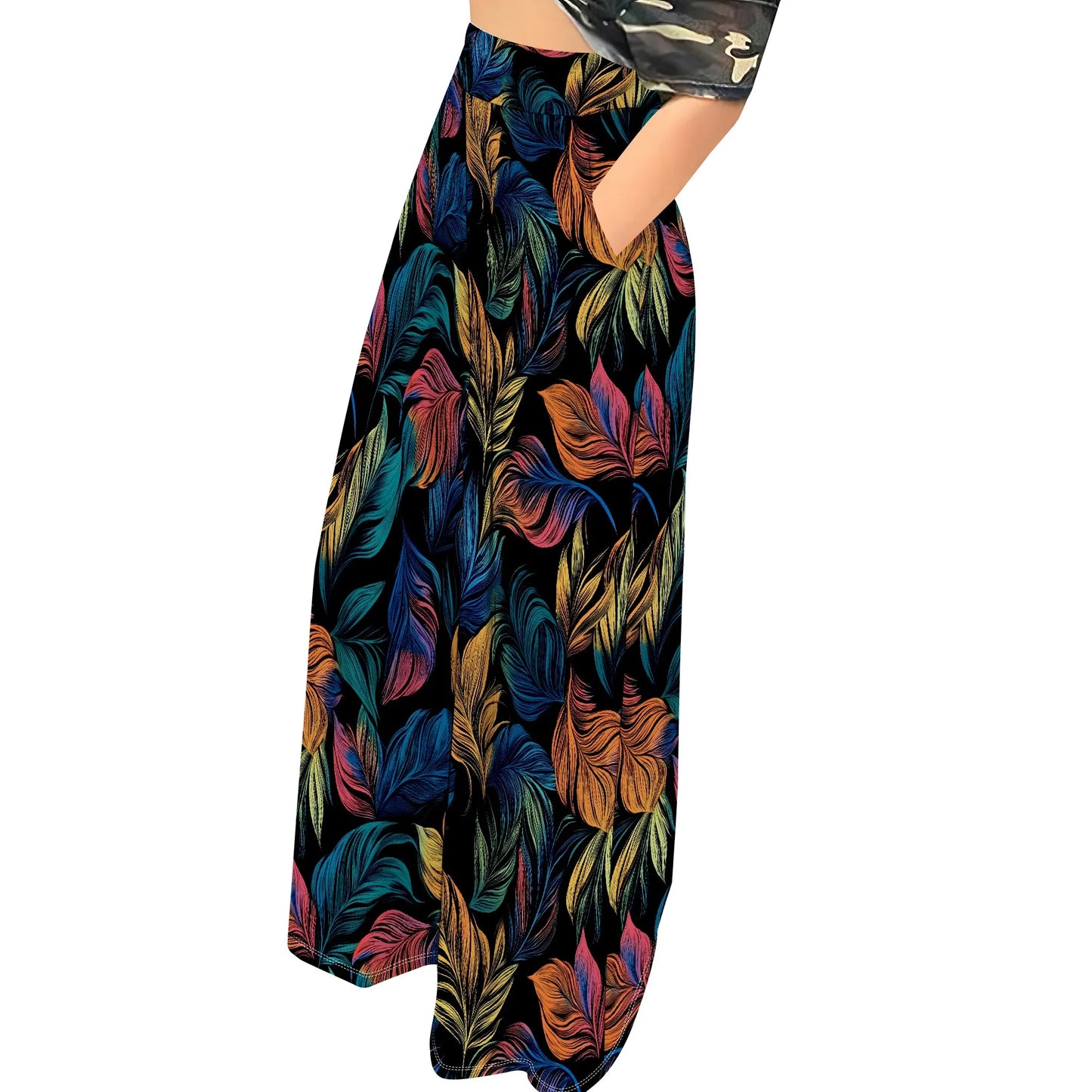 Women' s Camouflage Long Pants High Waist Wide Leg Stretchy Loose Fit Trousers with Pocket