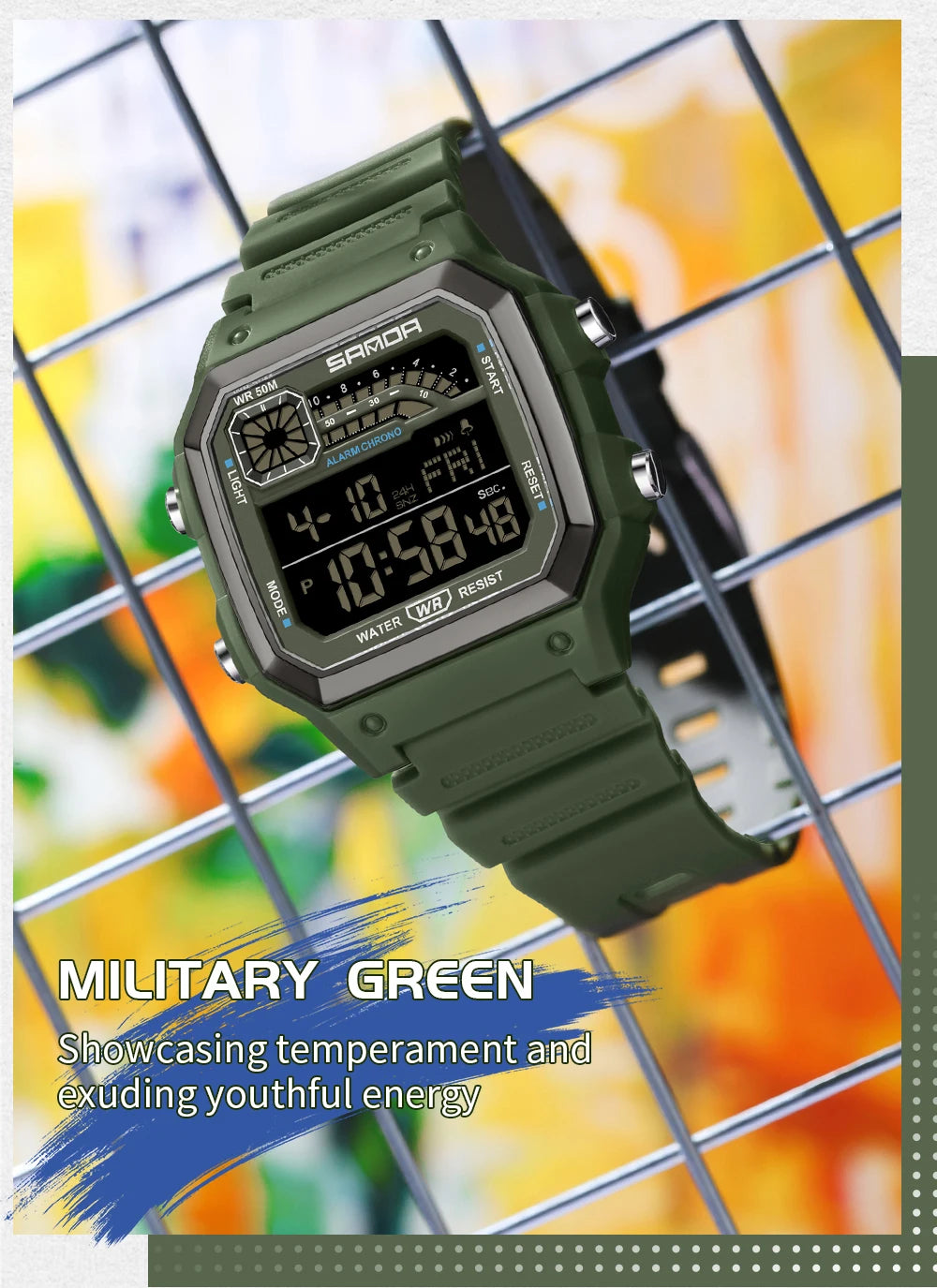 SANDA 6196 Electronic Watch Night Glow Waterproof Sports Men's Light and Thin Square Classic Male and Female Student Watch