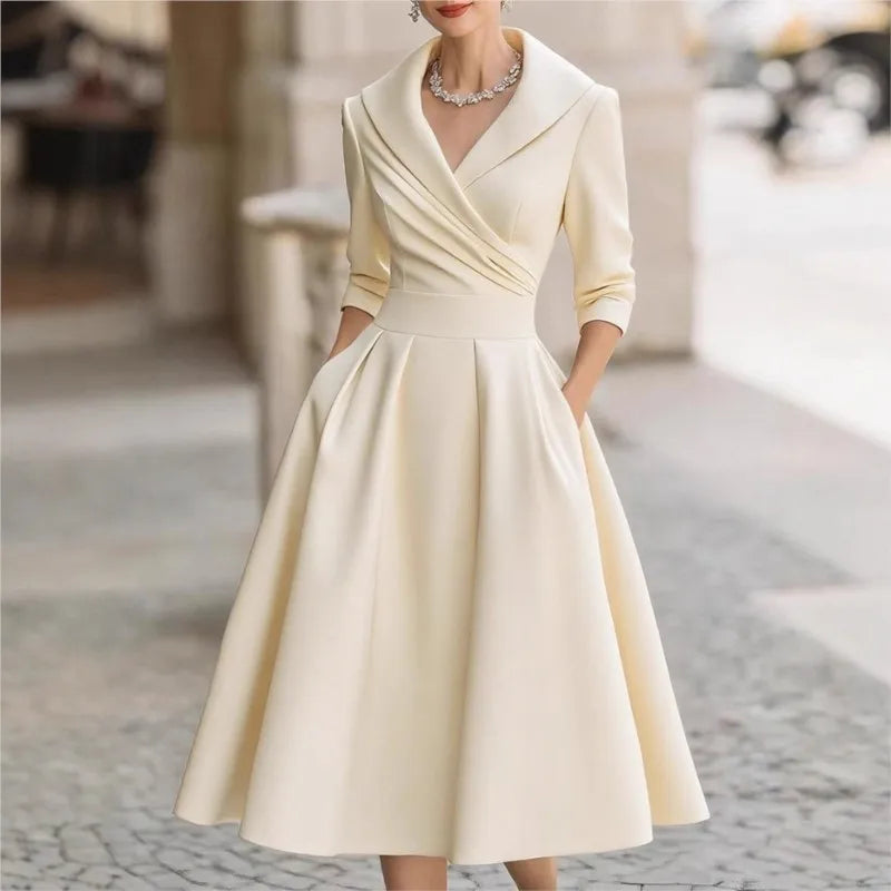 Women Elegant Wedding Guest Dress Turndown Collar Mid-Length Waisted A-Line Evening Dress Cocktail Party Satin Midi Dresses