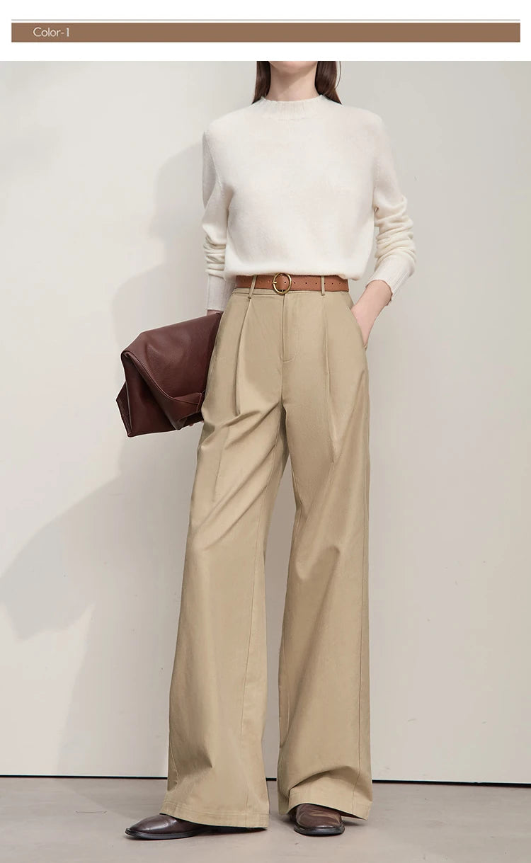 AMII Casual Women Pants 2025 Autumn Elegant Cotton Simple Loose High Waist Pleated Wide Leg Pants Office Lady Clothing 12553020