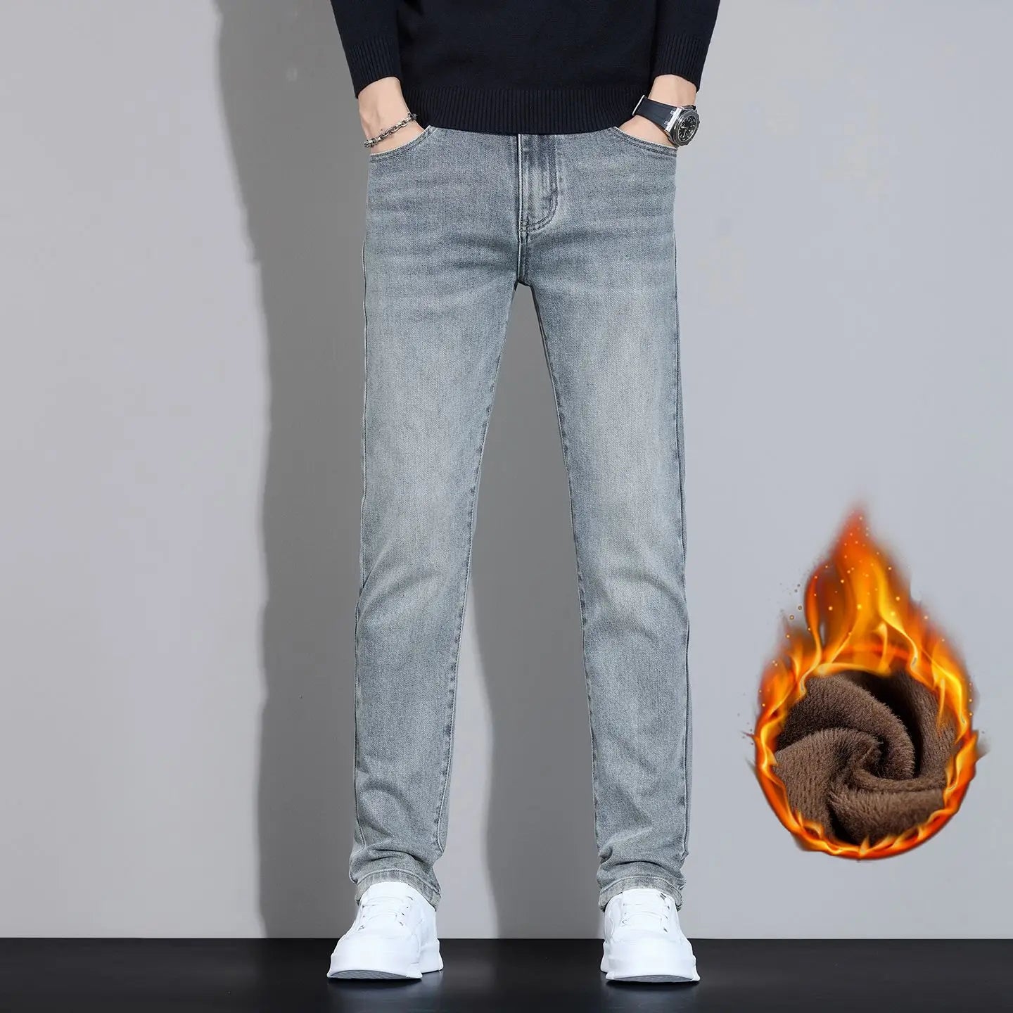 Fleece Thermal Autumn Winter Denim Jeans for Men Pants Warm Thicken Straight Stretch Clothing Fashion Street Causal Denim Pants