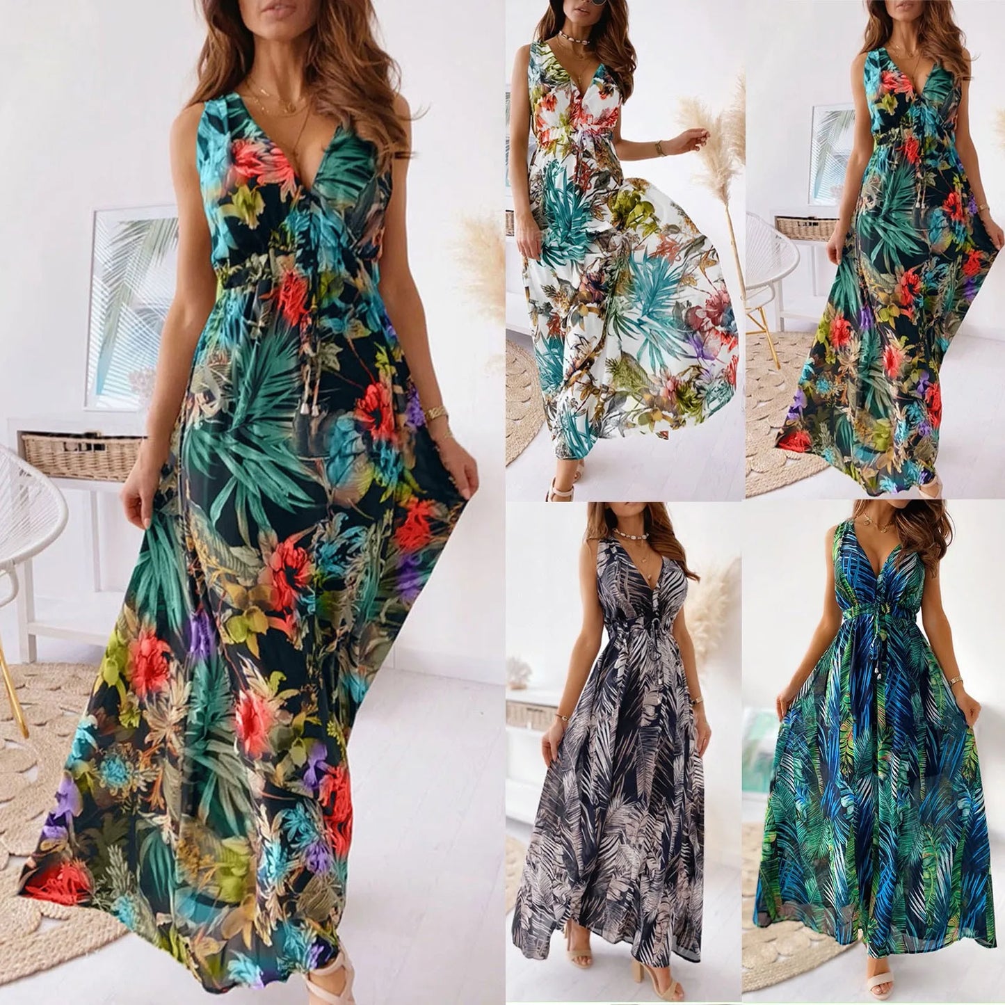 dresses for women Summer dress Casual Print Bandage Elastic Waist V-Neck Sleeveless sexy long Dresses vestidos verano moda 2024