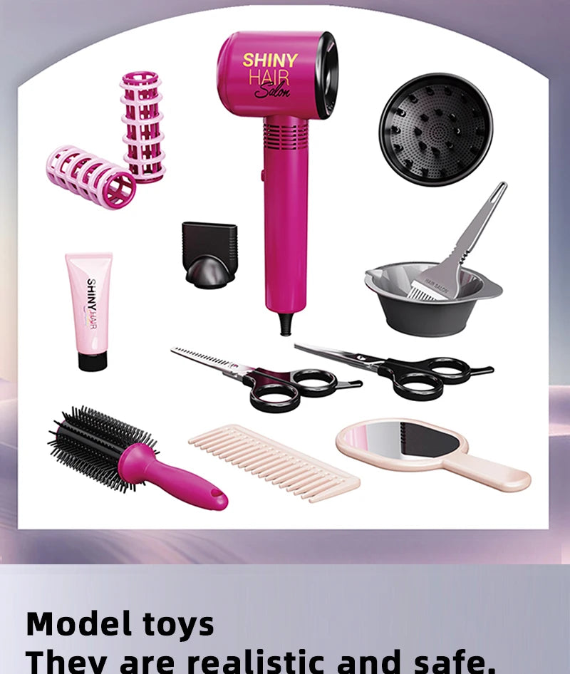 Hair Styling Play Set for Girls – Hair Clips, Mirror, Comb, Hairdryer, Hair Dye Tools – Role-Playing Kit for Ages 3+