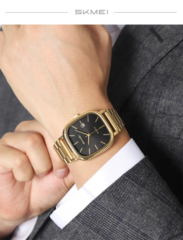 SKMEI Men's Quartz Watch Retro Square Zinc Alloy Case Gold Stainless Steel Band, 30M Water Resistance Time & Date Functions 2551