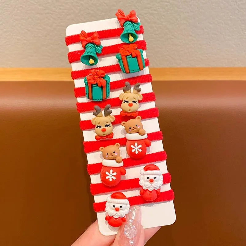 10Pcs/Set Kids Girls Christmas Hair Ties Cute Santa Claus & Reindeer Design Festive Hair Accessories Holiday Parties Decorations
