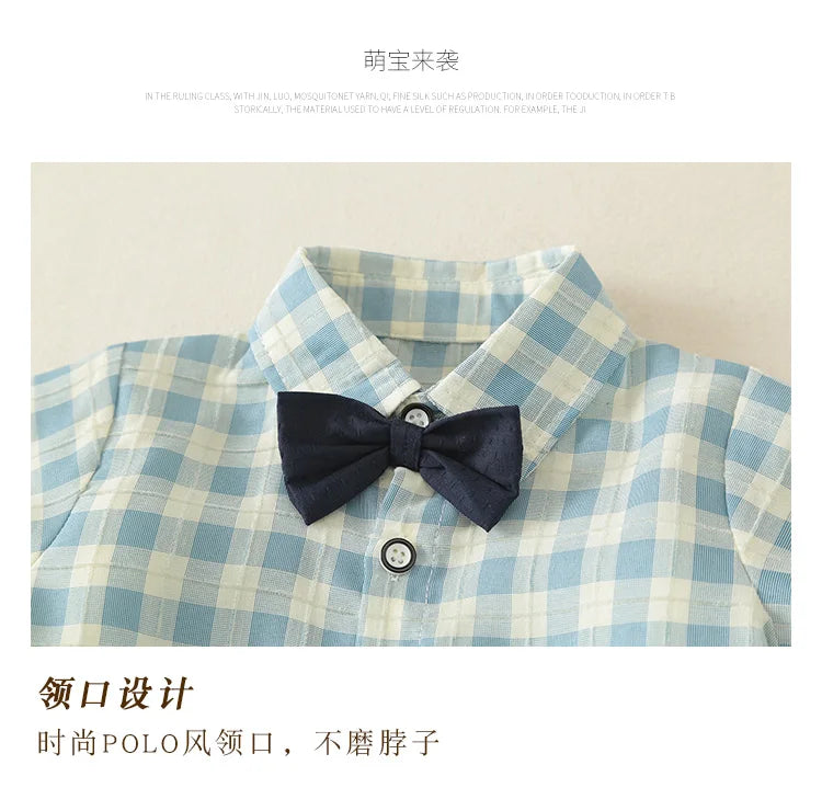 Boy Suit Summer Newborn Baby Clothes Summer Gentleman Children's Dress Lattice Shirt Strap Short+socks 3-piece Suit.