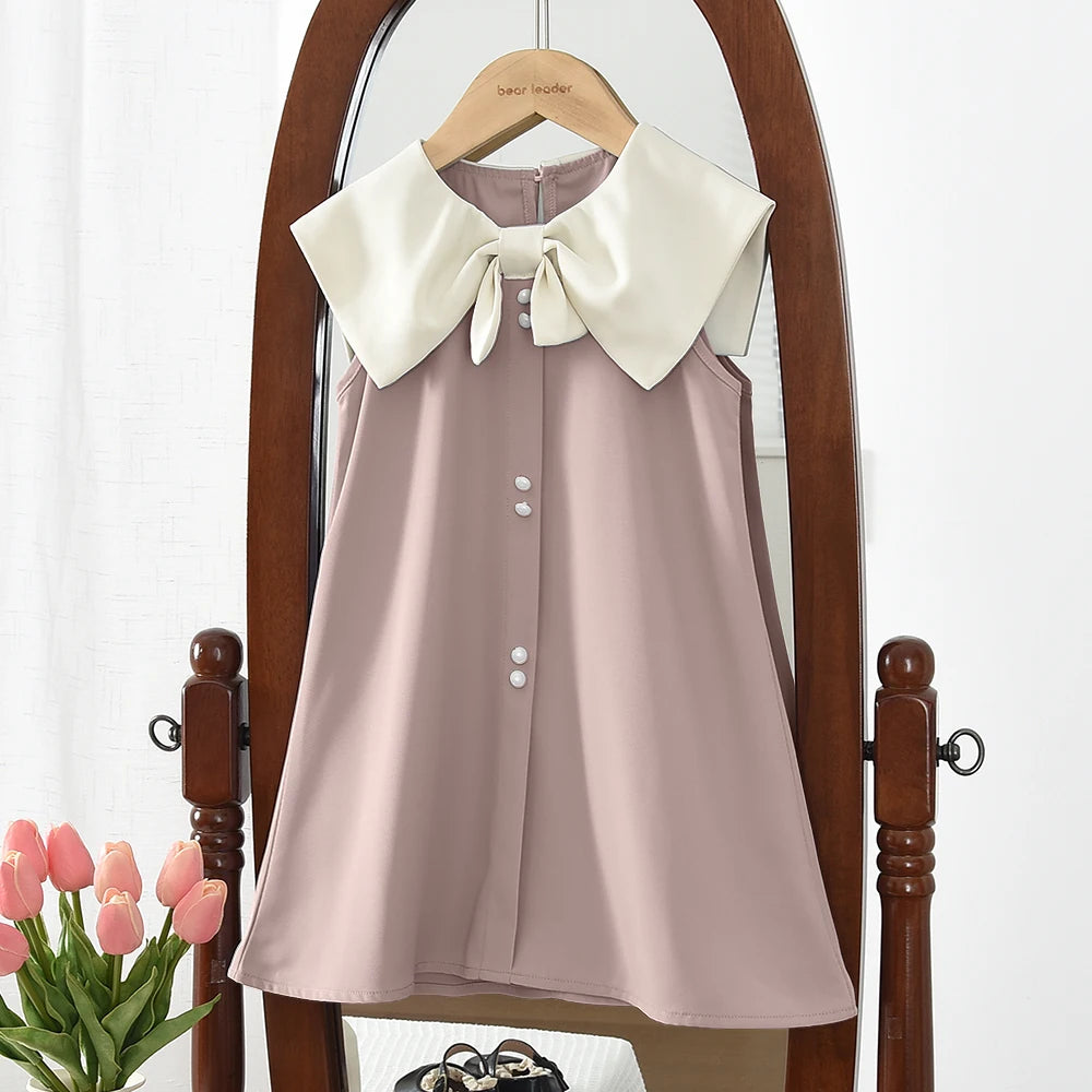 Korean Version Black Sleeveless Kids Clothes Summer New Bow Decoration Girls Dress Birthday Party Princess Dresses 2-7 Years Old