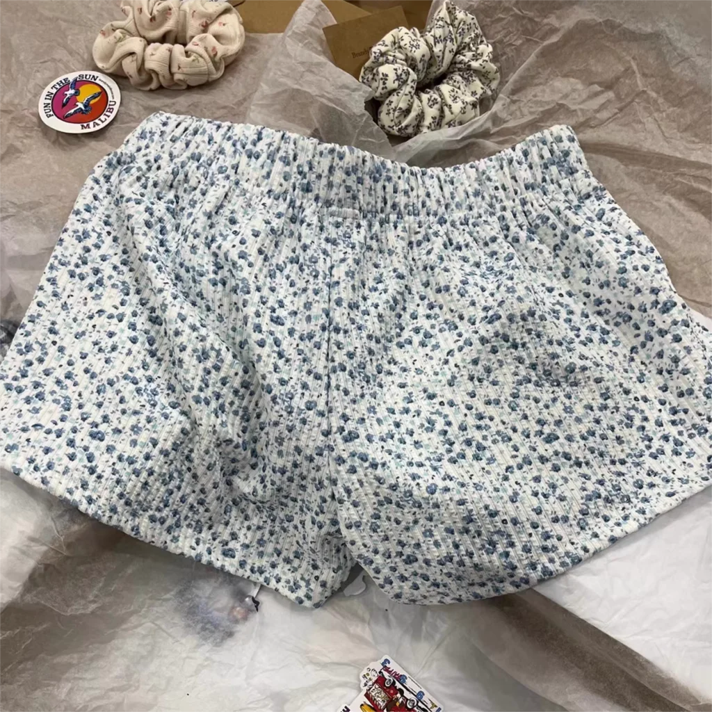Purple Floral Print Home Shorts Summer Patchwork Elastic Waist Straight Short Pant Casual Cute Cotton Pants Woman Clothing