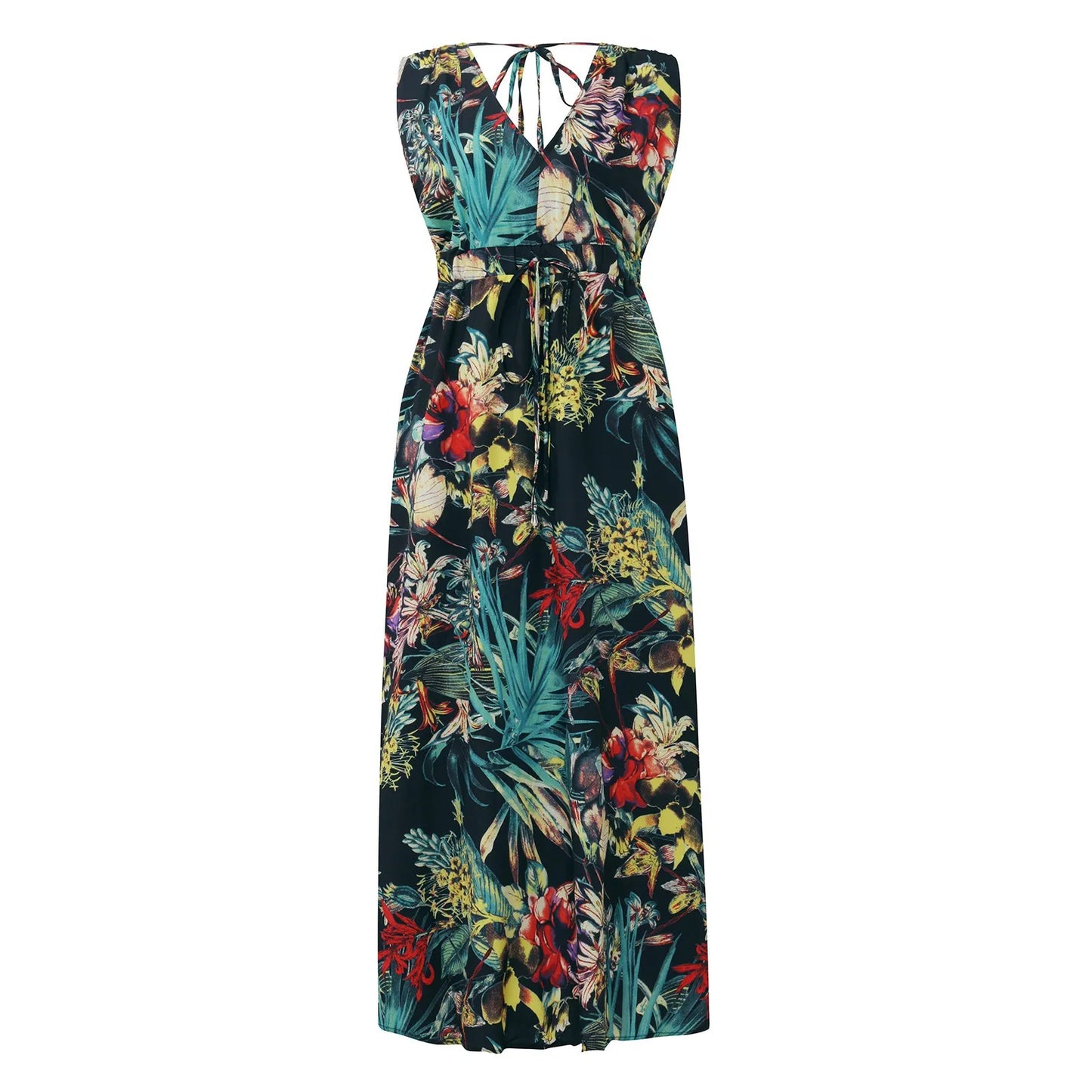 dresses for women Summer dress Casual Print Bandage Elastic Waist V-Neck Sleeveless sexy long Dresses vestidos verano moda 2024