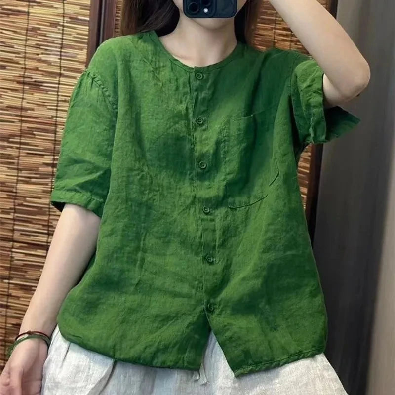 Chiffon Cotton Linen round Neck T-shirt Women Summer New Vintage Art Loose Shirt  Open Cardigan Top 2025 Short Shirt For Women