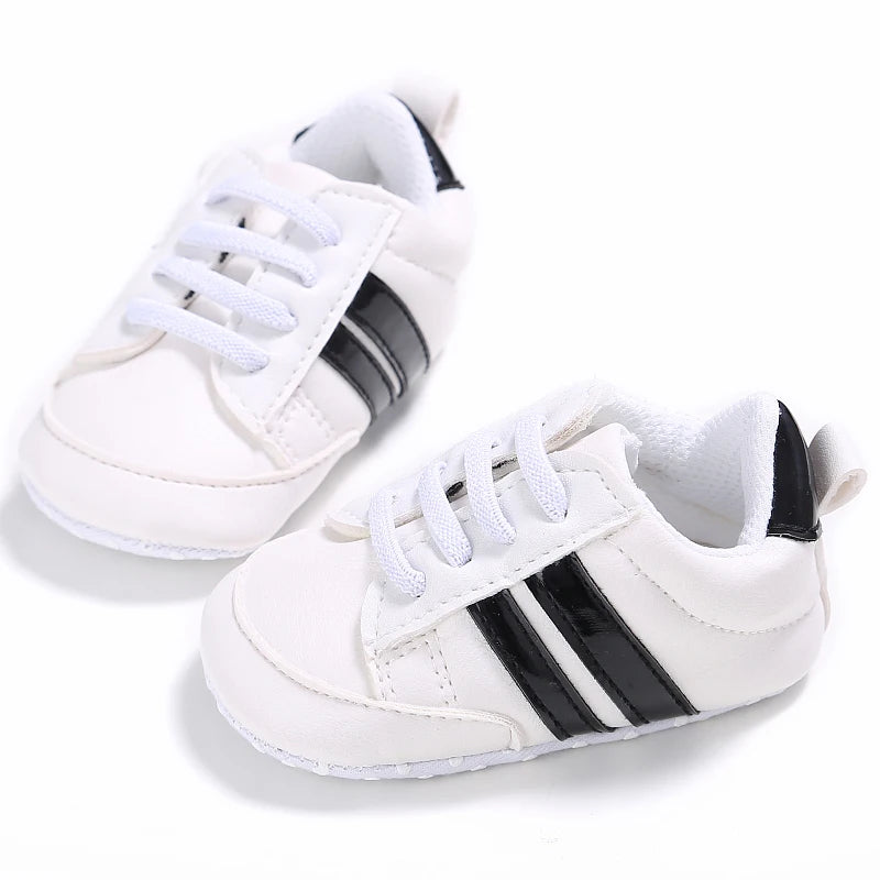 Baby Shoes Newborn Boys Sneaker Girls Two Striped First Walkers Kids Toddlers Lace Up PU Leather Soft Soles Sneakers 0-18 Months