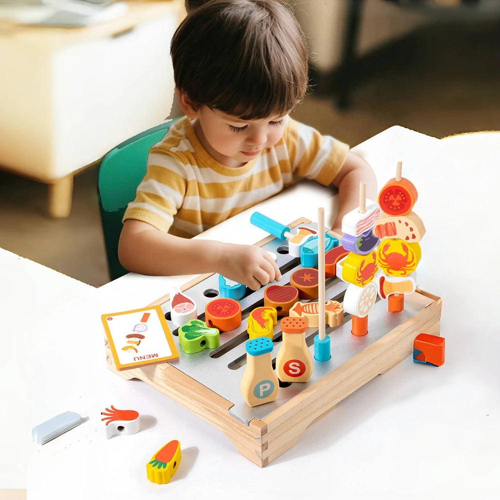 Wooden Kitchen Toys Set for Kids,Pretend Cooking Food Playset-BBQ Grill Toy with Food & Kitchen Toy Accessories Fine Motor Toys