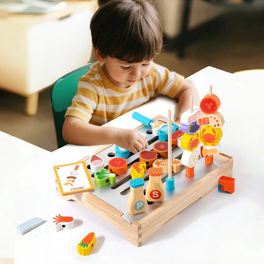 Wooden Kitchen Toys Set for Kids,Pretend Cooking Food Playset-BBQ Grill Toy with Food & Kitchen Toy Accessories Fine Motor Toys