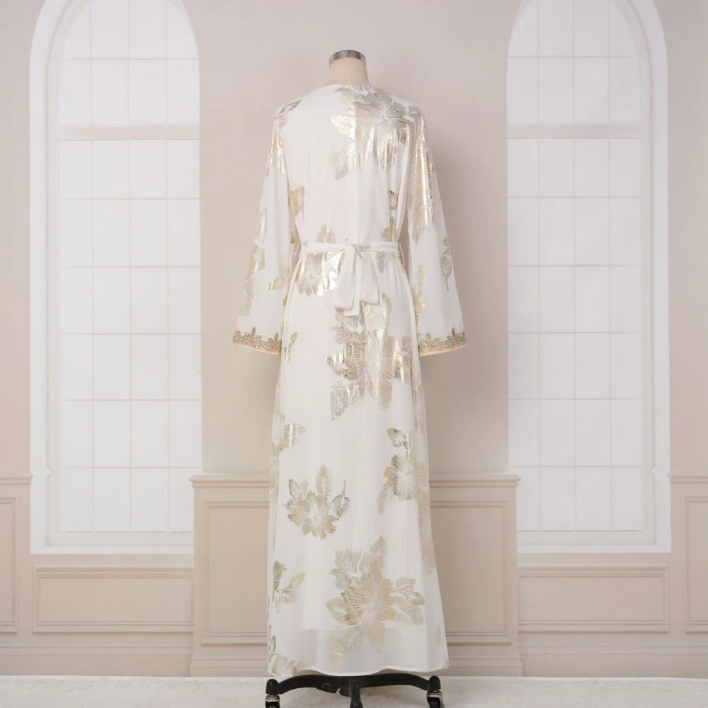 Eid Muslim Women Dress Gown Turkish Caftan Abaya Jalabiya Ramadan Party Dresses Morocco Kaftan V Neck Belt Embroidery Vestidos