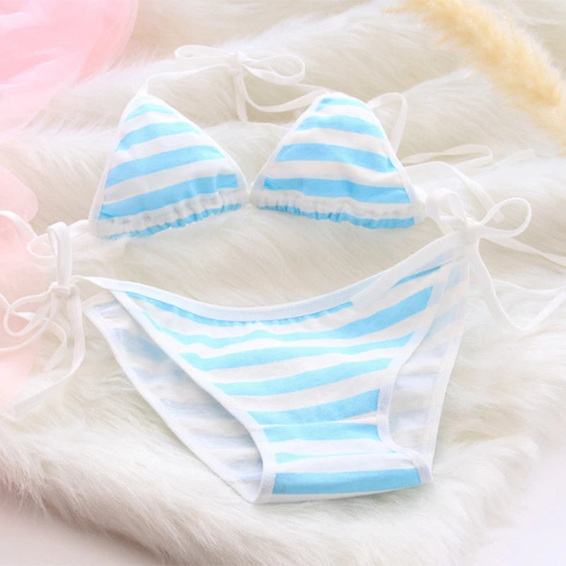 2PCS Women Bra Panties Set Sexy Lingeries Cotton Seamless Kawaii Bikini Lace-up Strap Blue White Striped Suit Female Underwear