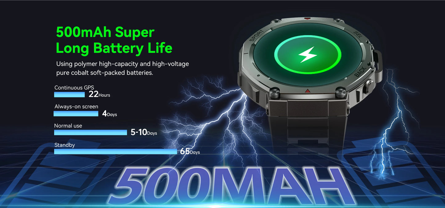 T-Rex 3 Military Grade 500mAh Battery Smart Watch 10ATM Waterproof GPS Compass Altimeter Call AMOLED Men Swim Sports Smartwatch