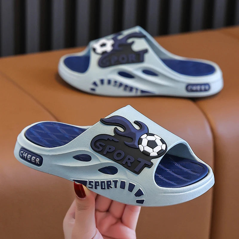 New Summer Cartoon Football Children Slippers Outdoors Sandals For Aged 4-8 Boys Non-slip Seabeach Flip Flops Home Kids Shoes