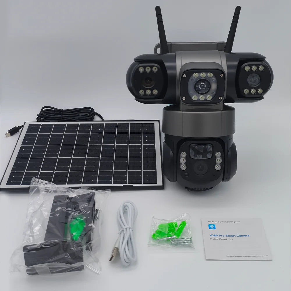 4G Solar Security Camera Outdoor Waterproof Wireless Three Lens Three screens Full Color Night Vision Motion Detection CCTV