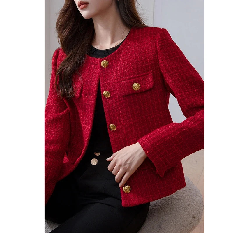 Women's Jacket 2025 New Autumn Fashion Red Tweed Small Fragrance Coat Ladies Short Blazers Korean Elegant Female Tops Outerwear