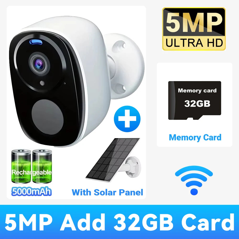 2K 5MP Solar Security Camera Wireless Outdoor Color Night Vision Battery Powered 2.4G WiFi, PIR, Waterproof, Two-Way Alexa