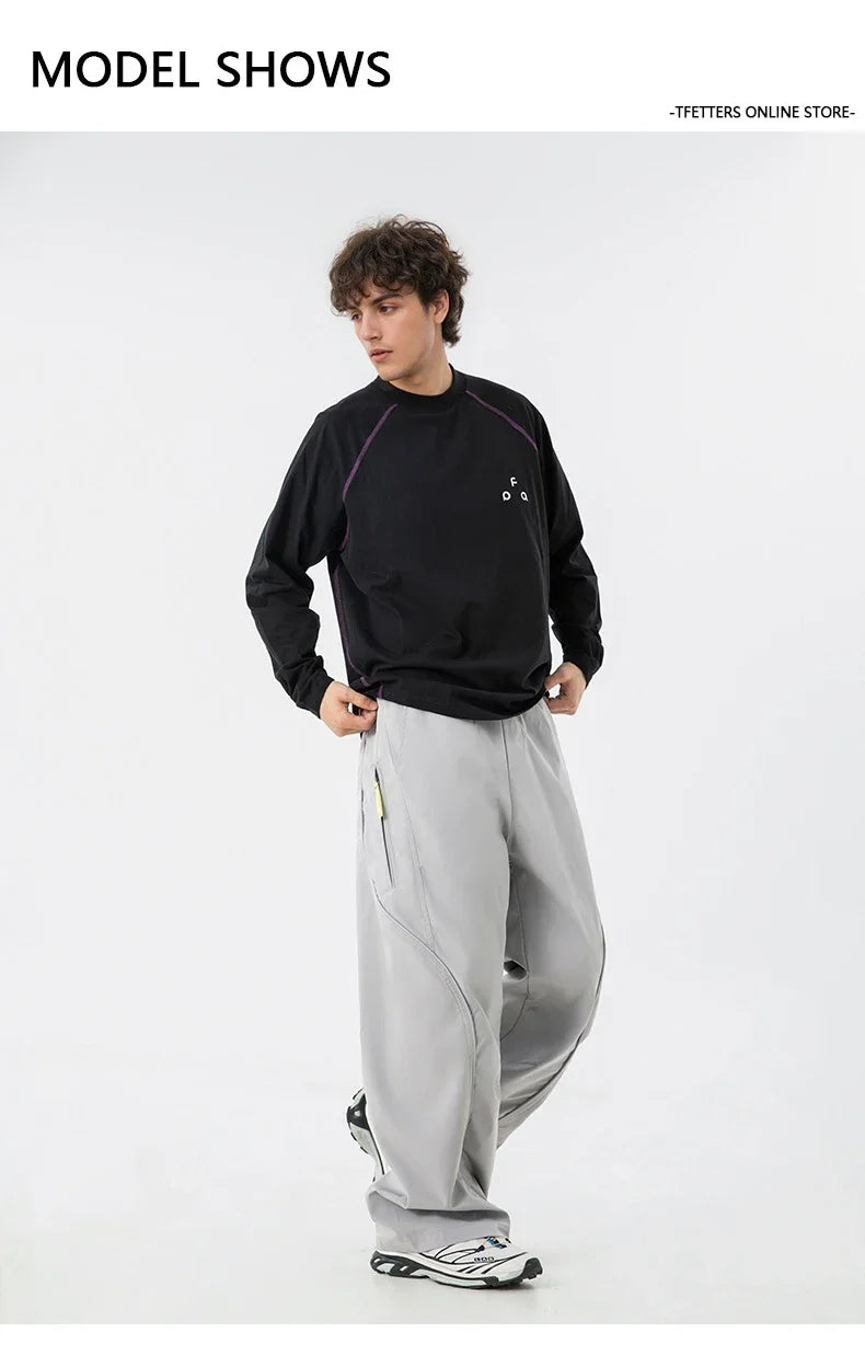 TFETTERS Autumn New Zipper Pocket Men Pants Drawstring Elastic Waist Pants Men Fashion Stitching Design Trouser for Men Clothes