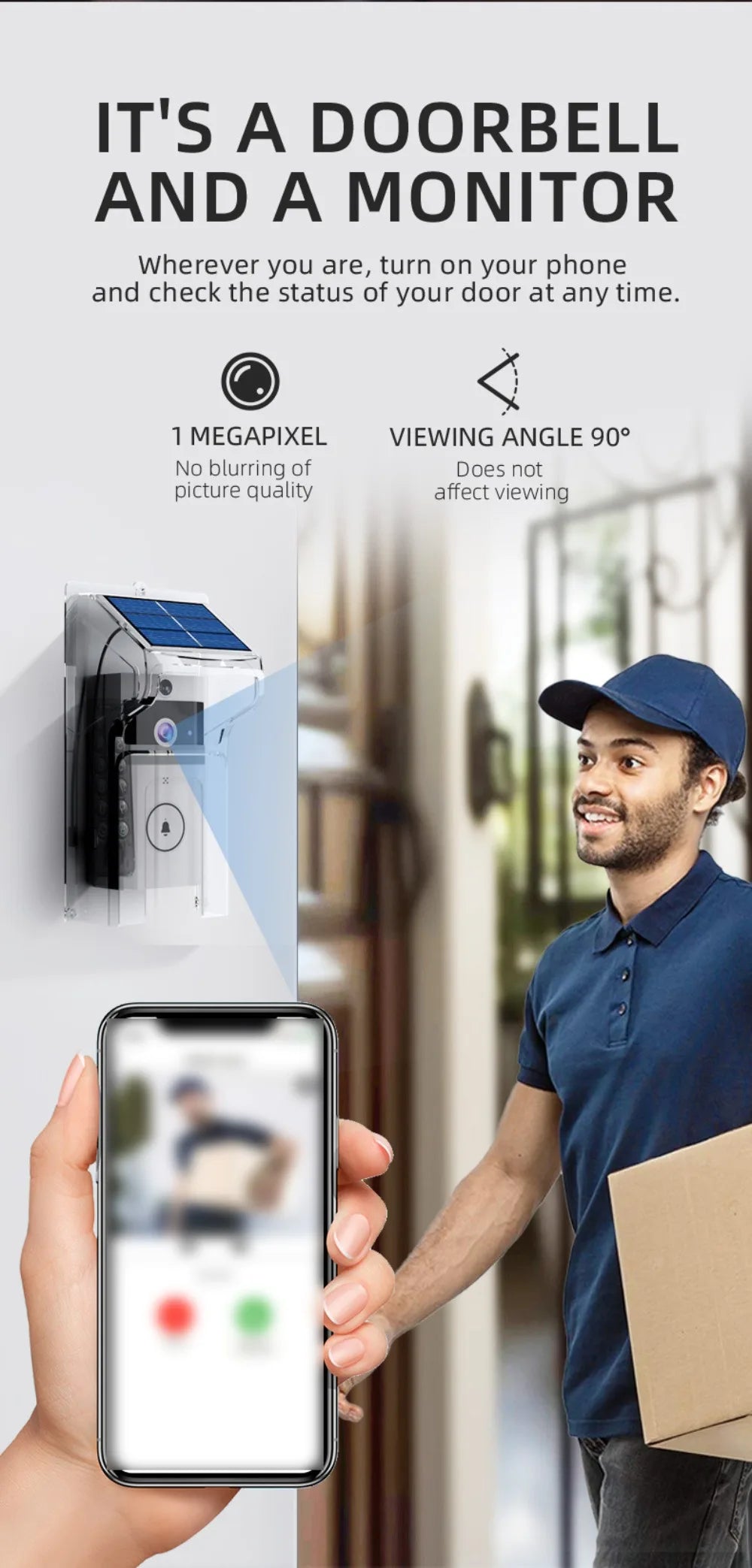 Waterproof Visual Intercom Doorbell Solar Power Wireless Front Door Camera HD Home Security Video Doorbell Outdoor Surveillance