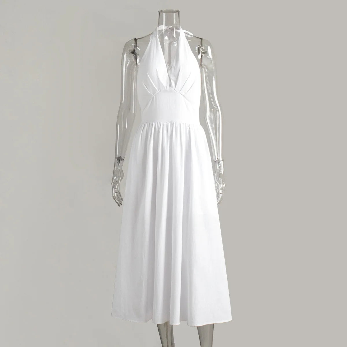 Talenza Spring V-Neck Long Dress Women White High Waist Slim Backless Lace-up Beach Holiday Dress Sleeveless Casual Female Dress