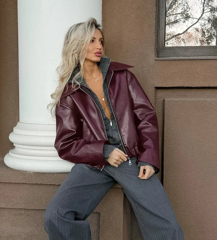 Womens Jacket Outerwears Cropped Faux Leather Jacket Autumn Long Sleeve Burgundy Bomber Jackets Casual Zipper Short Jacket