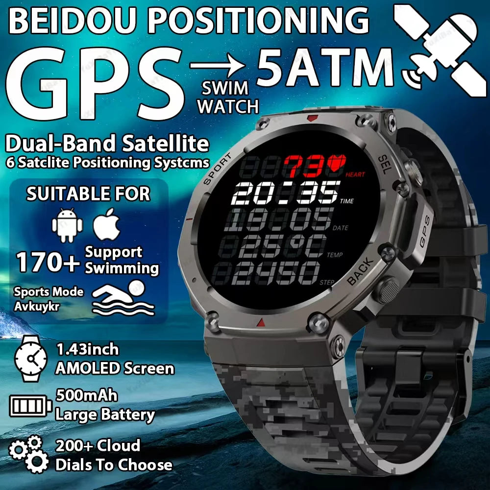 T-Rex 3 Military Grade 500mAh Battery Smart Watch 10ATM Waterproof GPS Compass Altimeter Call AMOLED Men Swim Sports Smartwatch