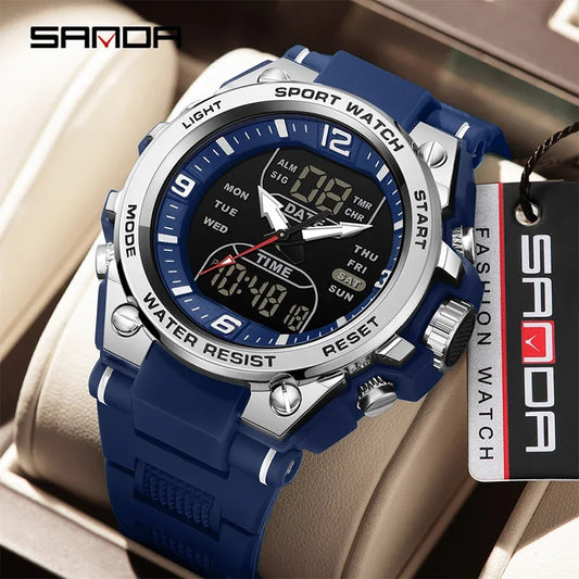 SANDA New Fashion Men Watch Multifunctional Outdoors Sports Waterproof Wristwatch LED Luminous Electronic Digital Men Watches