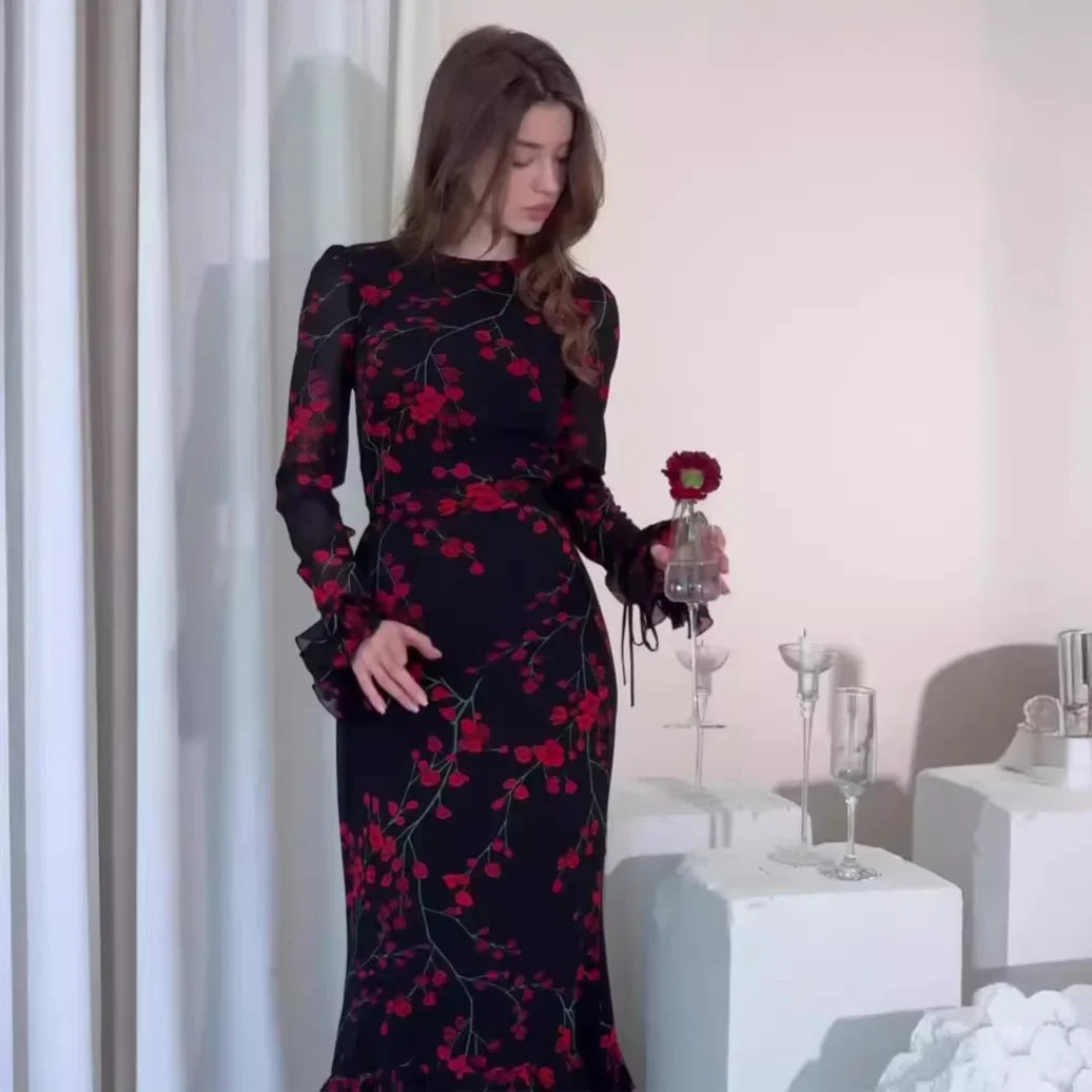 Women's Evening Dresses Summer New Printed French Floral Slim-fitting Retro White Dress for Women