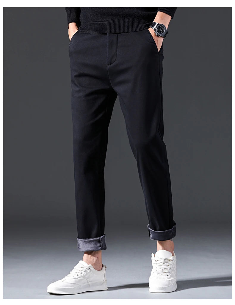New Winter Mens Clothing Warm Casual Pants 98% Cotton Fleece Straight Business Thicken Men Pants Stretch Classic Velvet Trousers