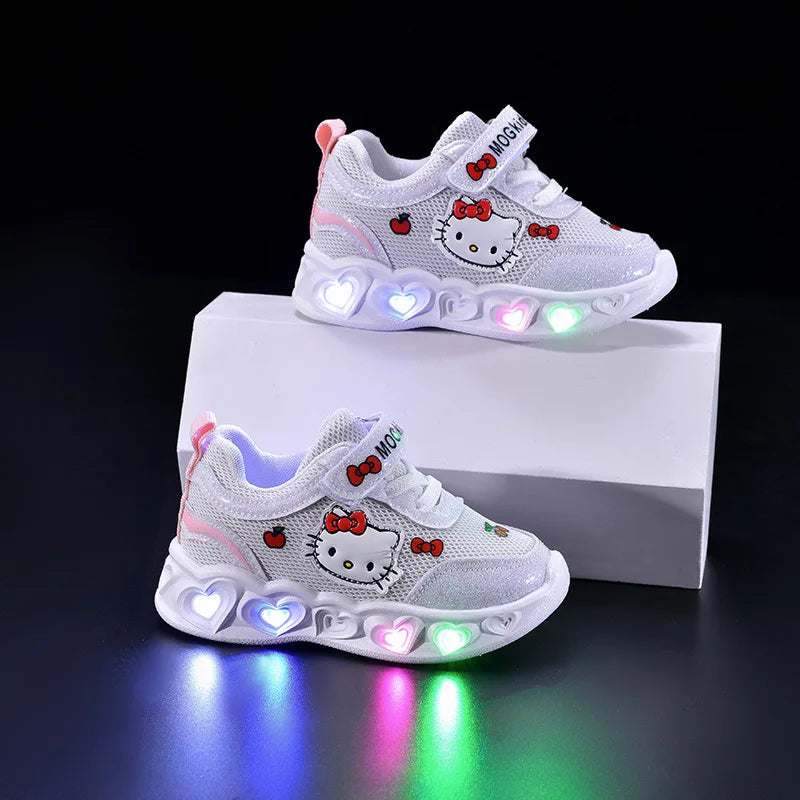 Kids'Casual Shoes Girls Led Light Cartoon PU Leather Fashion Sport Flat Bottom Shoes Breathable White Pink Size 21-30