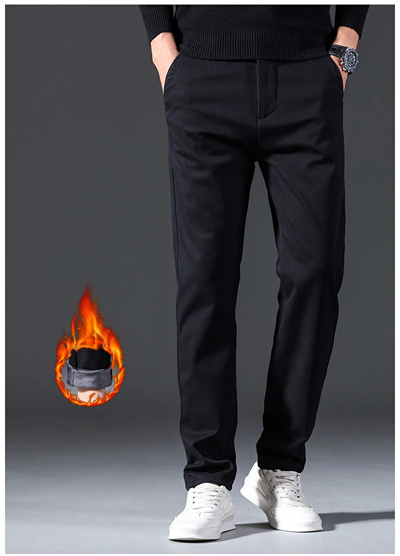 New Winter Mens Clothing Warm Casual Pants 98% Cotton Fleece Straight Business Thicken Men Pants Stretch Classic Velvet Trousers