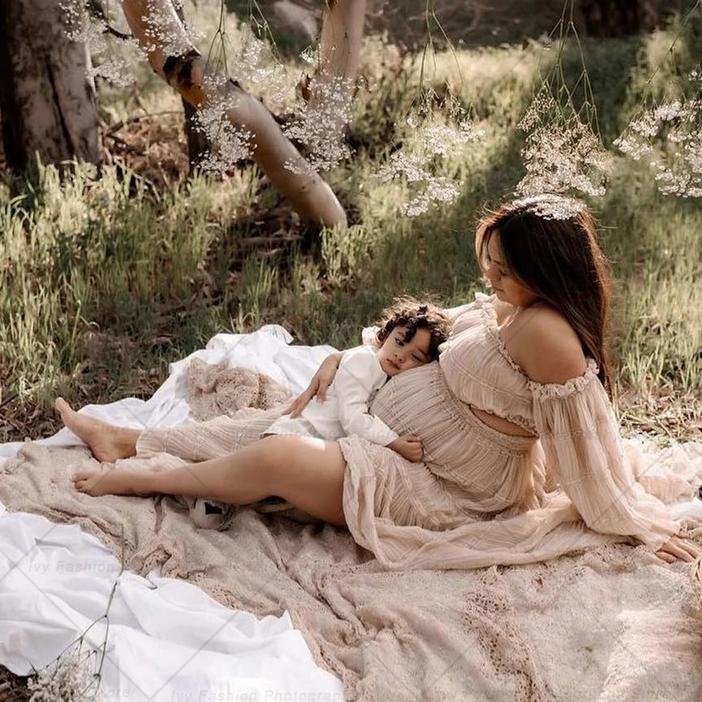 Maternity Dresses For Photo Shoot Women Off Shoulder Short Top Pleated Chiffon Long Sleeved Bohemian Dress Boho Style Dress