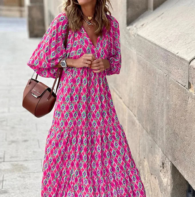 Summer Women Dresses Floral Print Ruffles Boho V-neck Puff Sleeve Casual Loose Beach Dress Half Sleeve Holiday Maxi Long Dress
