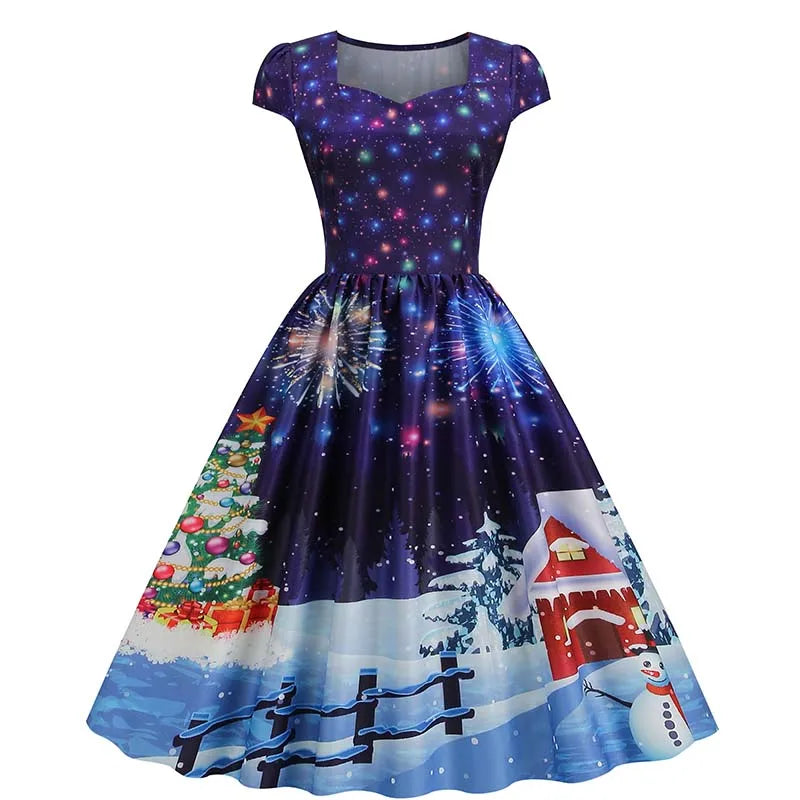 Christmas Dresses for Women Winter Pinup Rockabilly Sexy Cosplay Party Dress Santa Claus Snow Print Cocktail Prom Dress