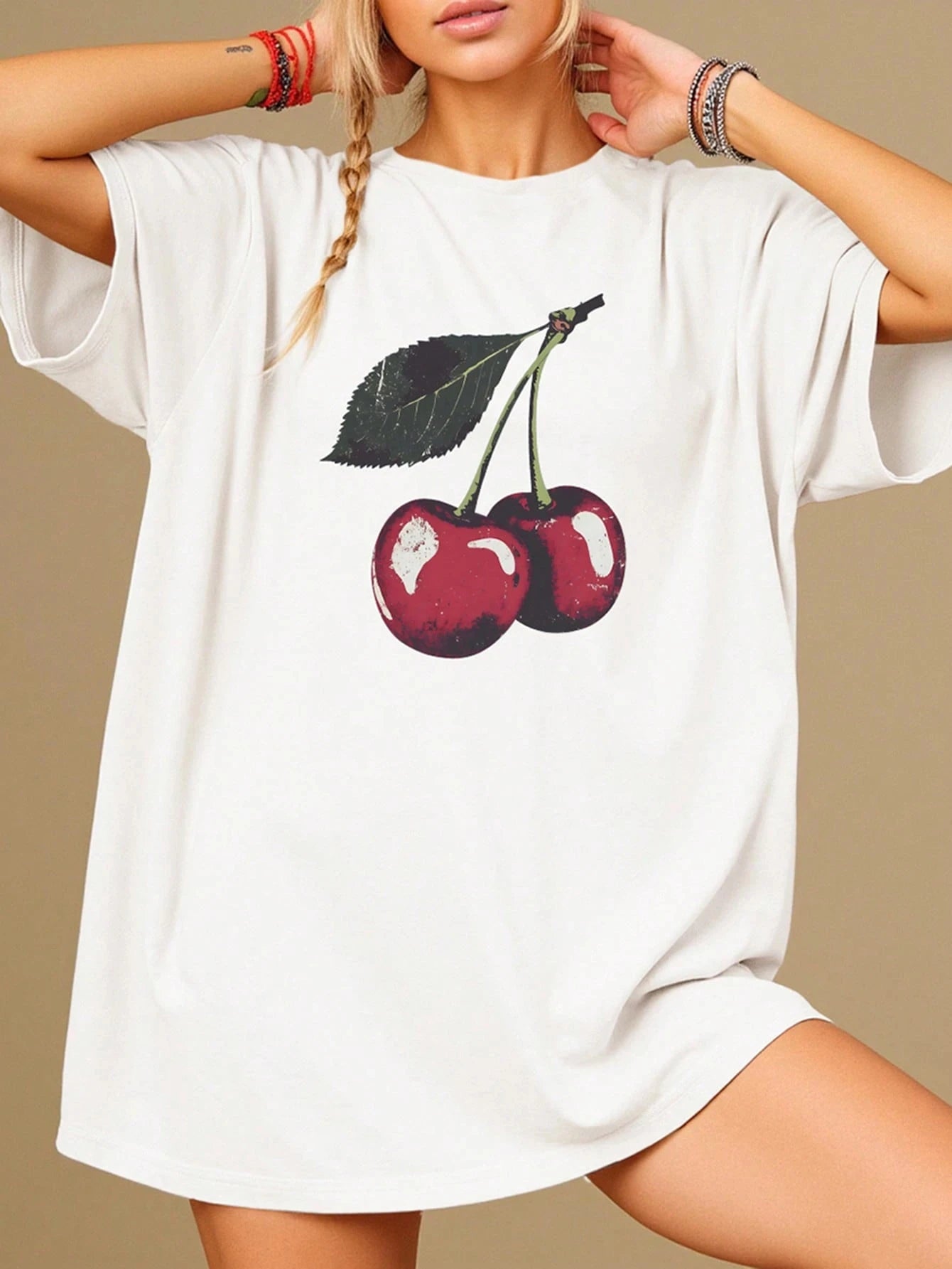 Women'S T-Shirt Black White Gray Cherry Print Cotton T-Shirt Round Neck Loose And Breathable Short Sleeved Simple Casual Top