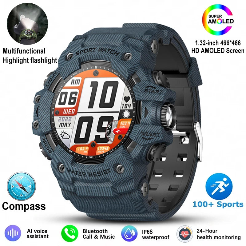 For Xiaomi Military Sports Smart Watch Men 100+Sports Fitness Flashlight Compass Heart Rate Bluetooth Call Waterproof Smartwatch