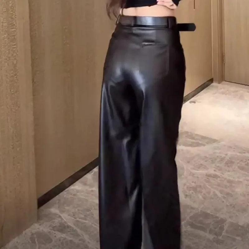 Womens Clothes Black PU leather Pants Women Casual Fashion Streetwear Gothic High Waist Flare leggings Trousers Womens Pants