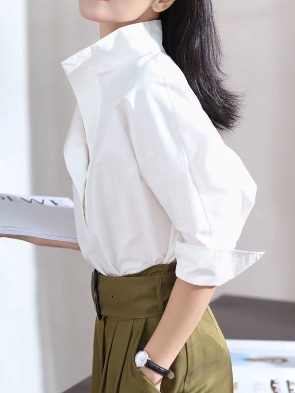 Women's Cotton Shirt Tops 2025 Autumn New Solid White Lapel Collar Long Sleeves Buttoned T-shirt Female Commuter Blouse