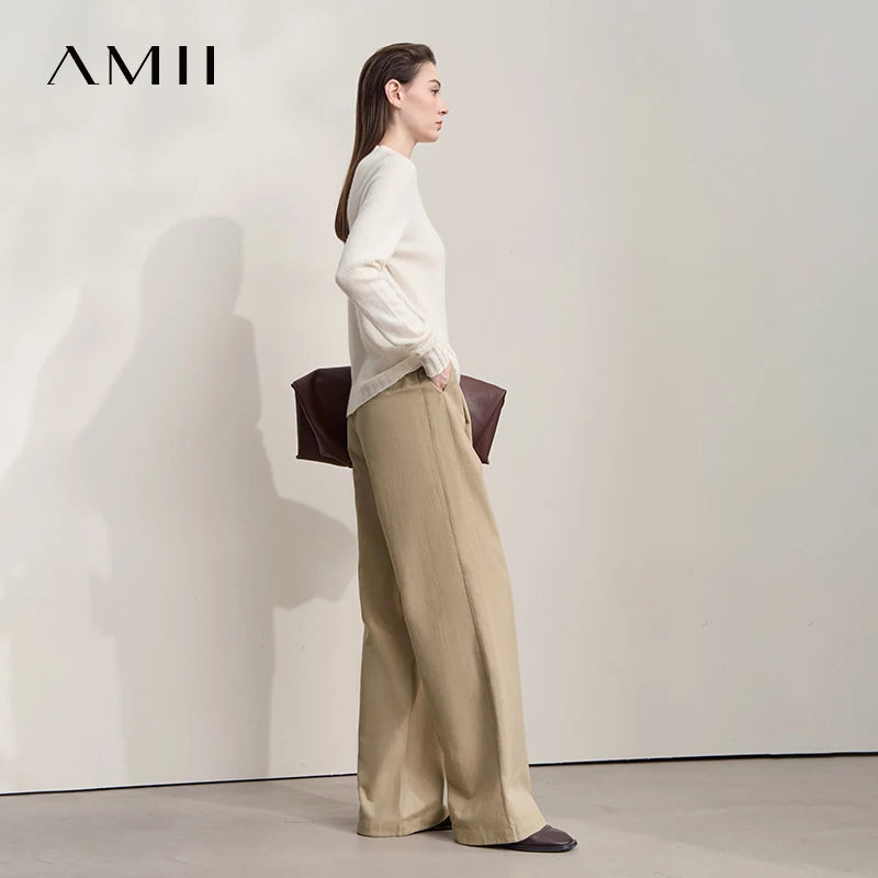 AMII Casual Women Pants 2025 Autumn Elegant Cotton Simple Loose High Waist Pleated Wide Leg Pants Office Lady Clothing 12553020