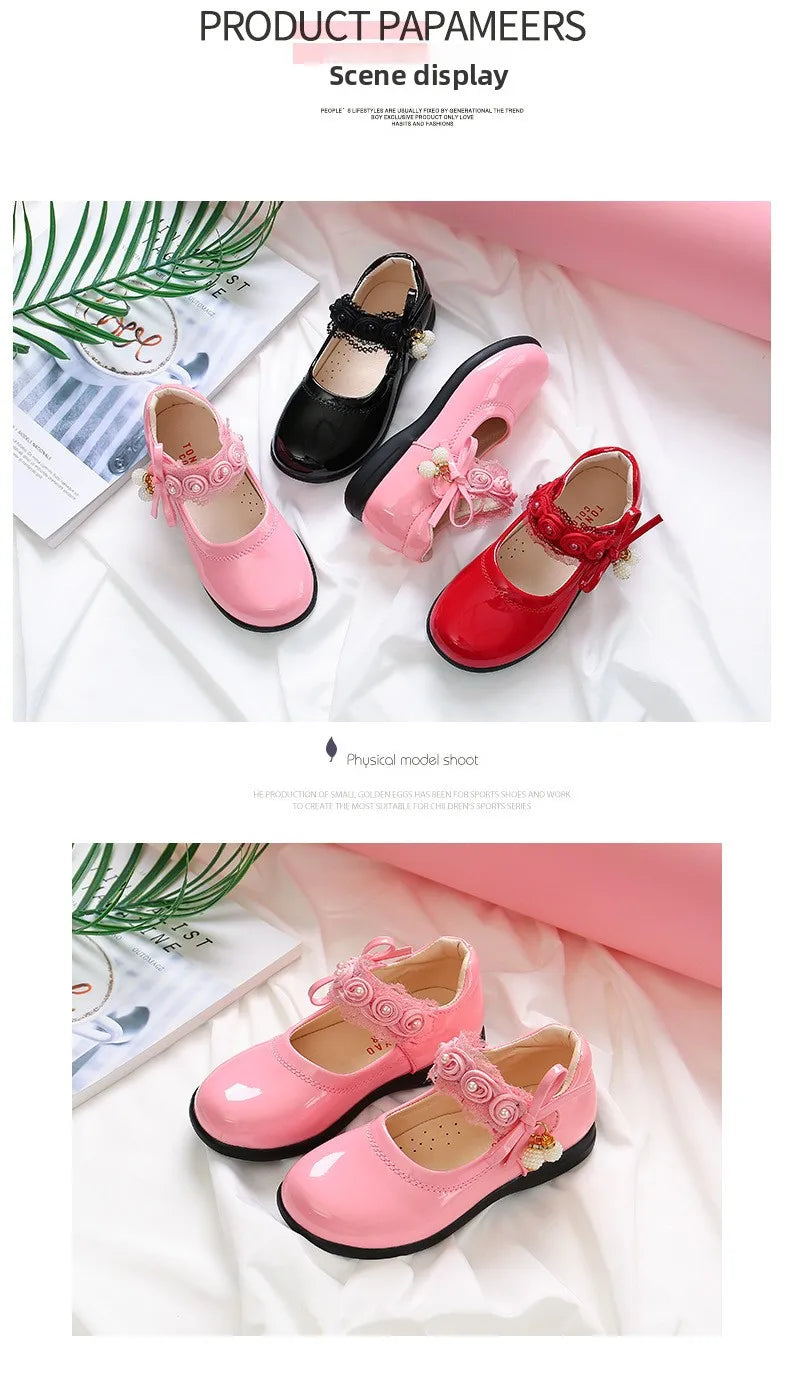 Kids Black Performance Shoes Soft Sole for Students Flat Shoes Casual Versatile 2025 New Kids Princess Shoes with Sweet Pendant