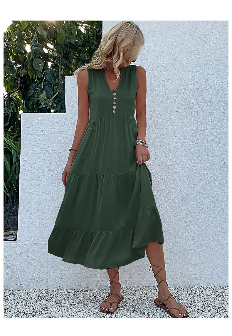 Dresses for Women 2025 Summer V-neck Single-breasted Vest Dress Sleeveless Loose Casual Solid Color Dress Vestidos De Mujer