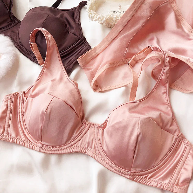 Women Ice Silk Comfort Underwear Sexy Small Breast Push Up Bra Set Detachable Padding Thin Cup Brassiere Intimates Panties Set